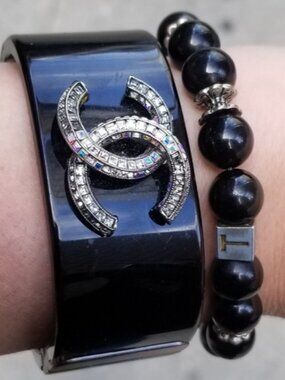 Chanel CC Crystals On Black Resin Wide Cuff